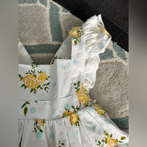Girls Size 3T Serendipity Ruffle Dress, NWT, Yellow Roses/Blue Polka Dots - Picture 3 of 12